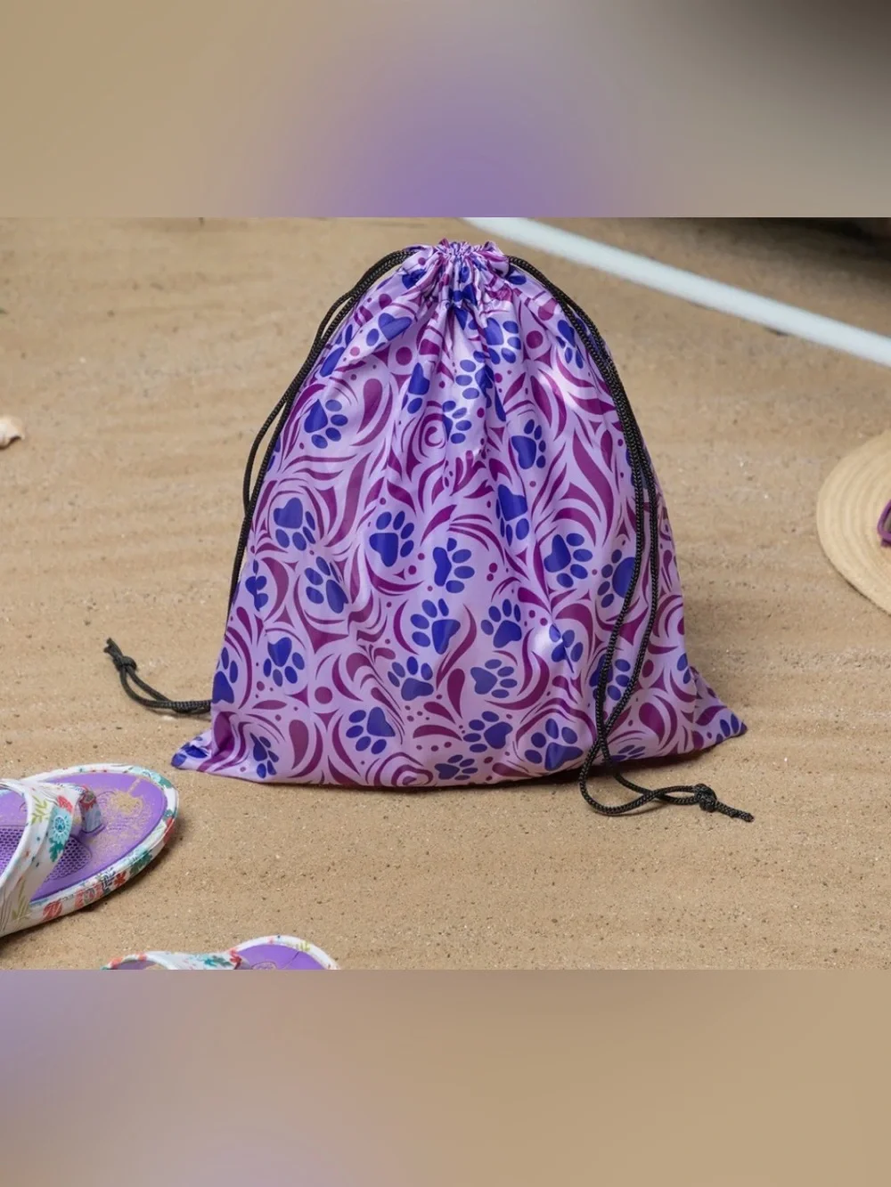 Whimsical Purple Paw Print Microfiber Beach Towel With Drawstring Carry Bag